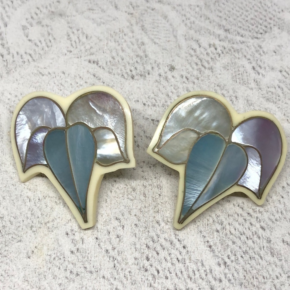 Vintage artisan shell inlay statement earrings modernist abstract art to wear.